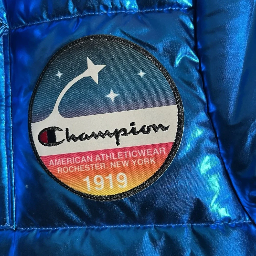 RARE Champion x NASA Metallic Puffer Jacket Mens Size Xs Blue Quilted Space